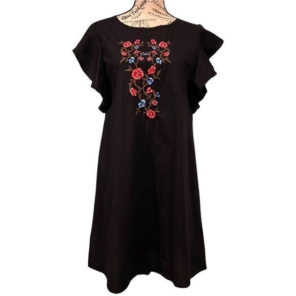 Potter’s Pot Black Tunic/Mini Dress Front Embroidered Ruffle Sleeves Size Medium - Picture 1 of 11